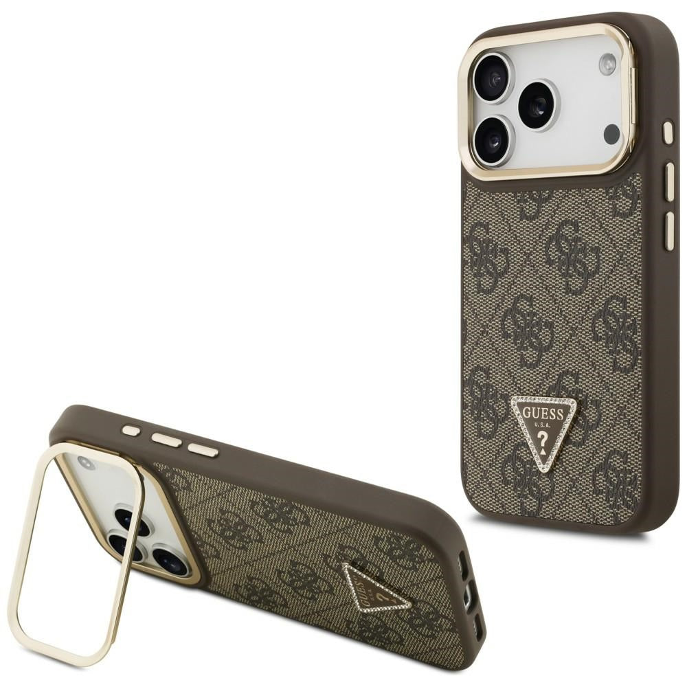 MagSafe futrola za Apple iPhone 17 Pro, Guess, 4G Triangle Logo sa postoljem za kameru, Zlatno smeđa