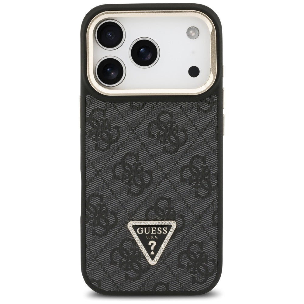 Husa MagSafe za Apple iPhone 17 Pro, Guess, 4G Triangle Logo sa postoljem za kameru, Crna Zlatna