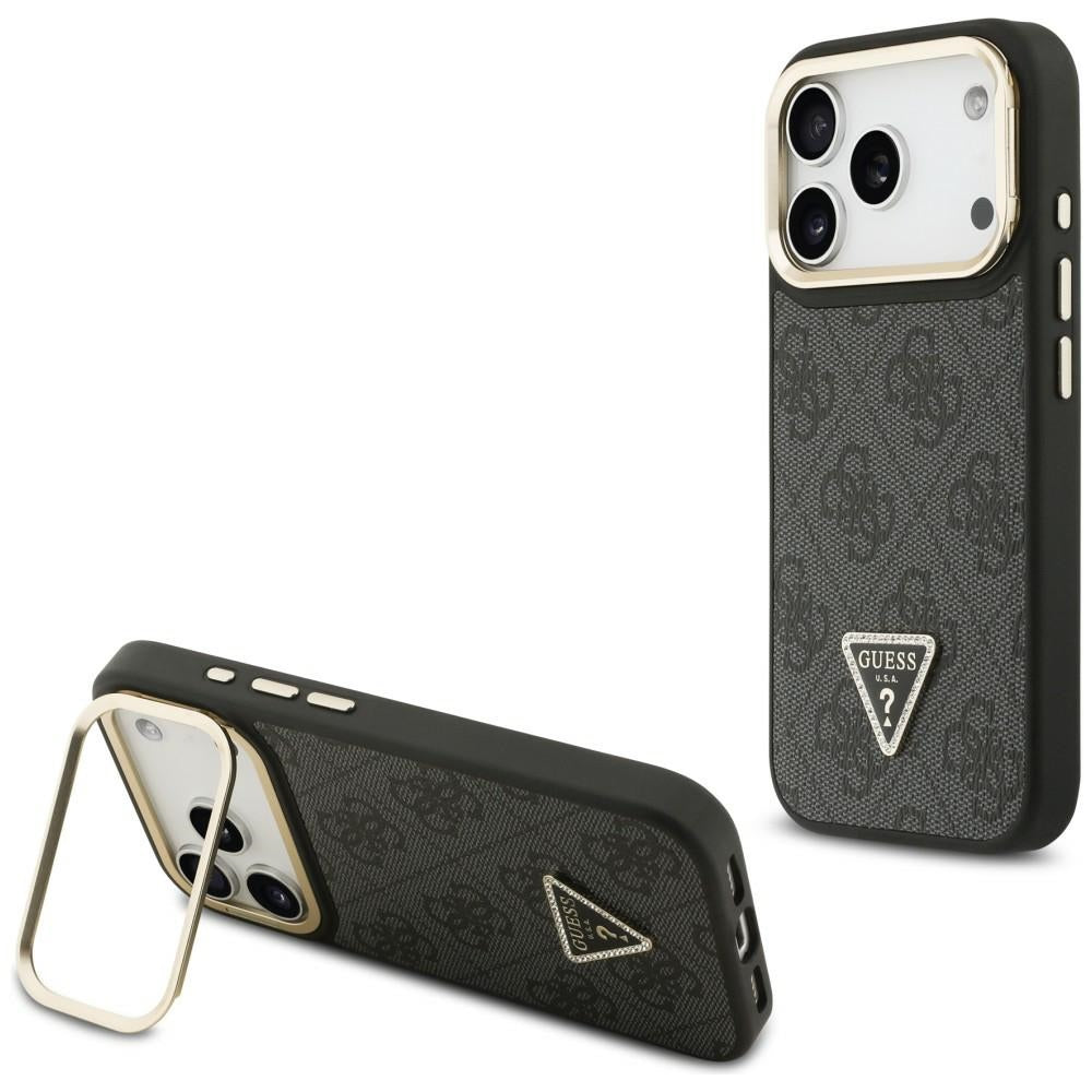 Husa MagSafe za Apple iPhone 17 Pro, Guess, 4G Triangle Logo sa postoljem za kameru, Crna Zlatna