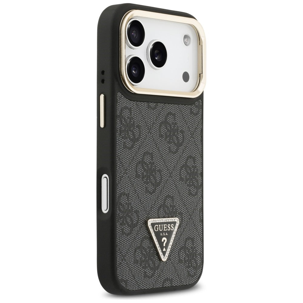 Husa MagSafe za Apple iPhone 17 Pro, Guess, 4G Triangle Logo sa postoljem za kameru, Crna Zlatna