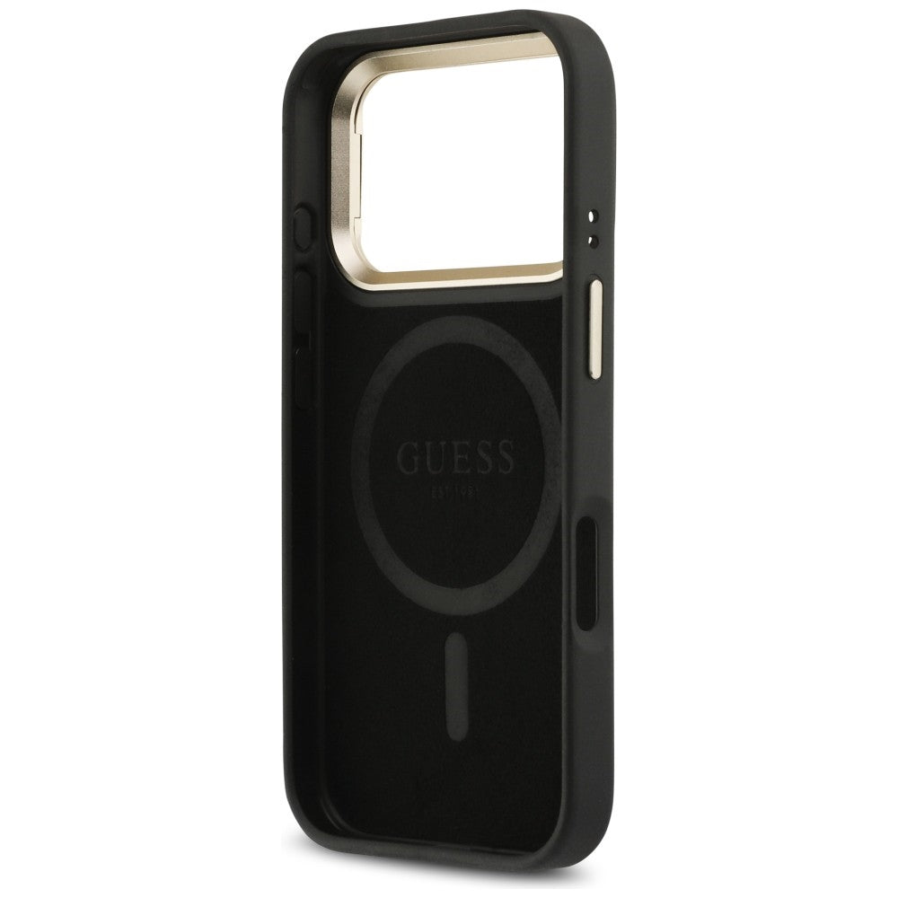 Husa MagSafe za Apple iPhone 17 Pro, Guess, 4G Triangle Logo sa postoljem za kameru, Crna Zlatna