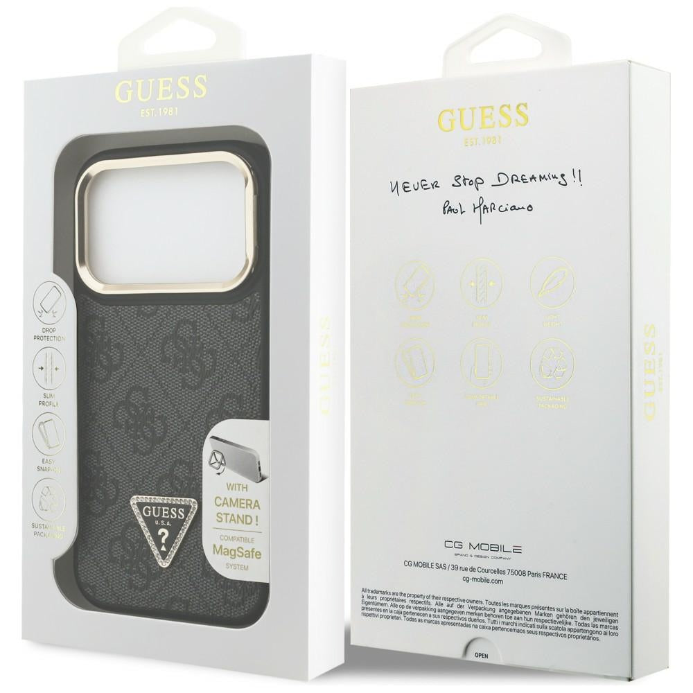 Husa MagSafe za Apple iPhone 17 Pro, Guess, 4G Triangle Logo sa postoljem za kameru, Crna Zlatna