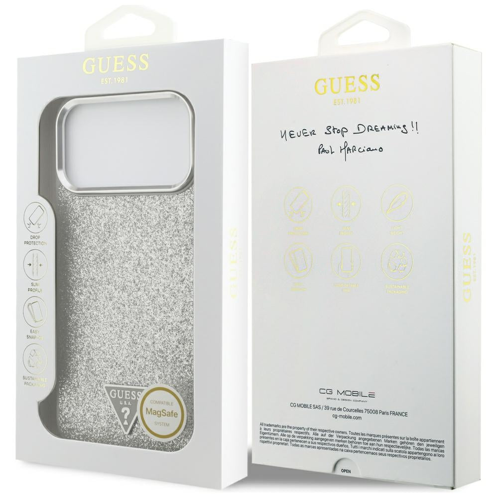 Futrola MagSafe za Apple iPhone 17 Pro, Guess, Glitter Triangle Logo, Srebrna