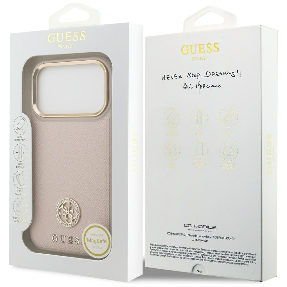 Husa MagSafe za Apple iPhone 17 Pro, Guess, Grained Strass Logo, Roze