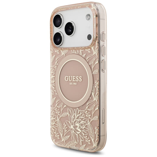 Futrola MagSafe za Apple iPhone 17 Pro, Guess, IML Flowers Allover Electroplated with Pearl Strap, Roze
