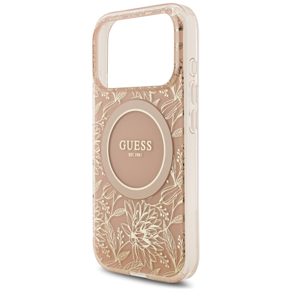Futrola MagSafe za Apple iPhone 17 Pro, Guess, IML Flowers Allover Electroplated with Pearl Strap, Roze