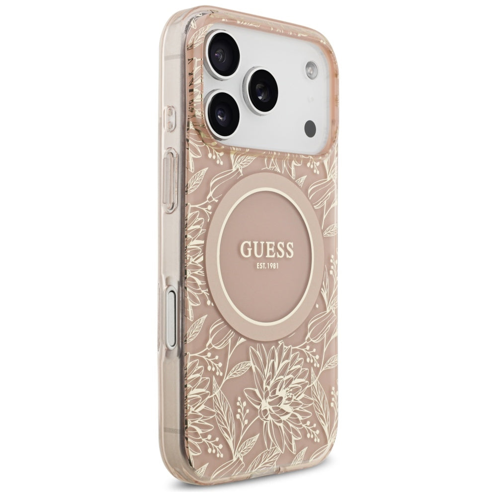 Futrola MagSafe za Apple iPhone 17 Pro, Guess, IML Flowers Allover Electroplated with Pearl Strap, Roze