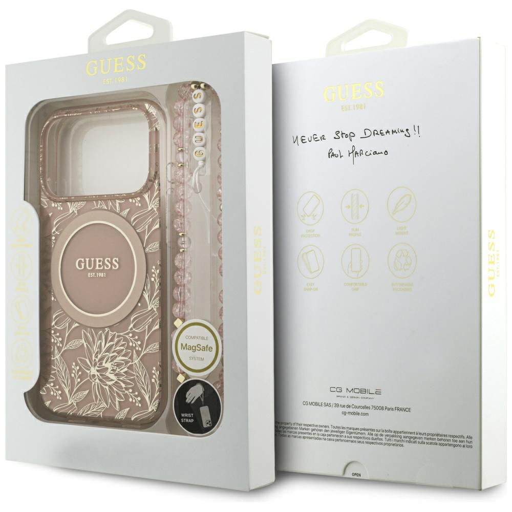 Futrola MagSafe za Apple iPhone 17 Pro, Guess, IML Flowers Allover Electroplated with Pearl Strap, Roze