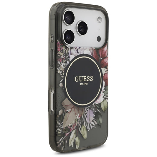 Husa MagSafe za Apple iPhone 17 Pro, Guess, IML Flowers with Pearl Strap, Crna