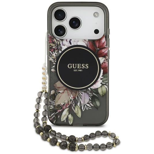 Husa MagSafe za Apple iPhone 17 Pro, Guess, IML Flowers with Pearl Strap, Crna