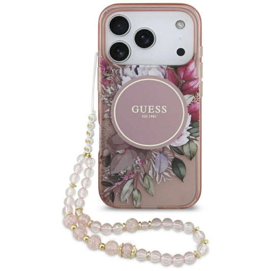 Husa MagSafe za Apple iPhone 17 Pro, Guess, IML Flowers with Pearl Strap, Roze
