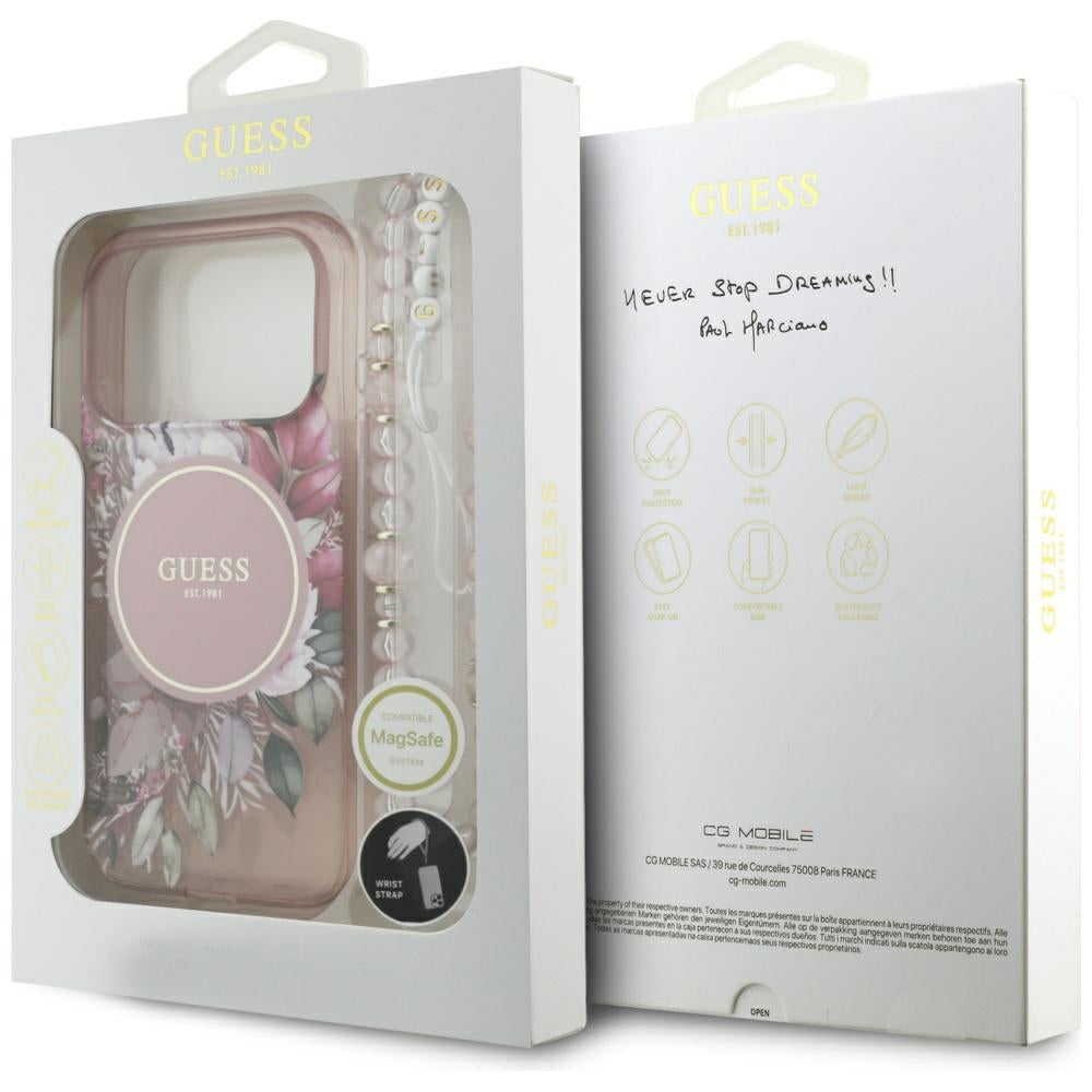 Husa MagSafe za Apple iPhone 17 Pro, Guess, IML Flowers with Pearl Strap, Roze