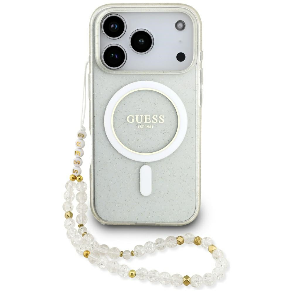 Futrola MagSafe za Apple iPhone 17 Pro, Guess, IML Glitter sa perl trakom, Transparentna