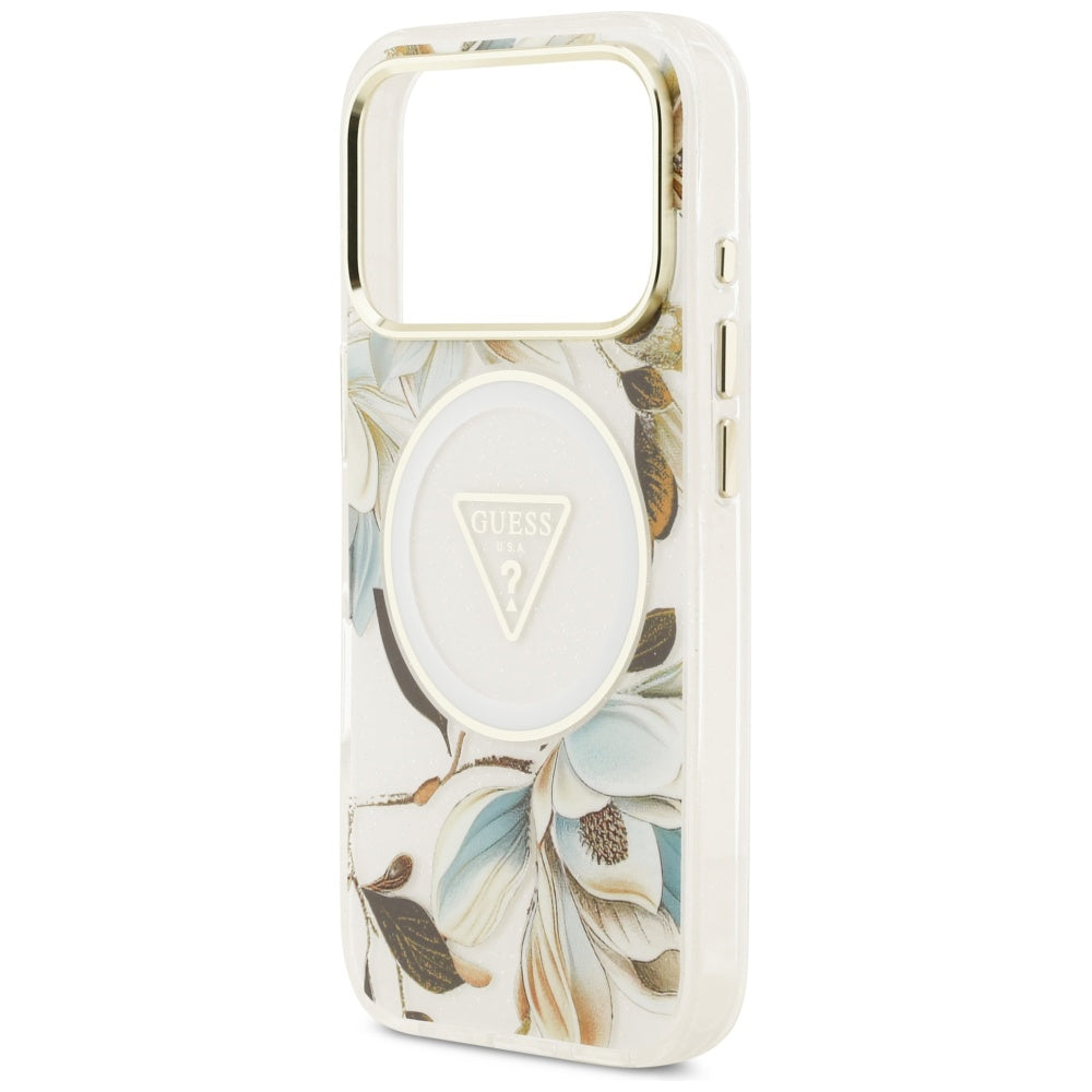 Futrola MagSafe za Apple iPhone 17 Pro, Guess, IML Metal Glitter Flowers Triangle, Bela