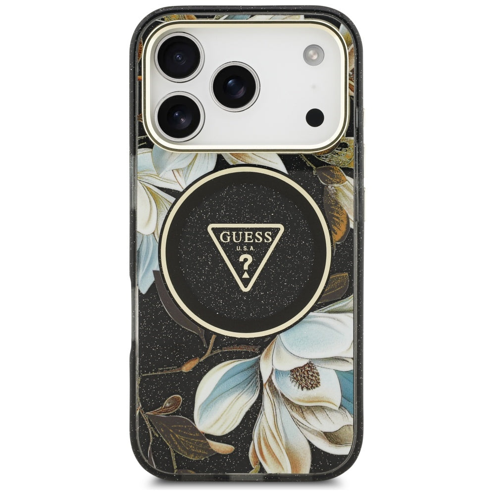 Futrola MagSafe za Apple iPhone 17 Pro, Guess, IML Metal Glitter Flowers Triangle, Crna