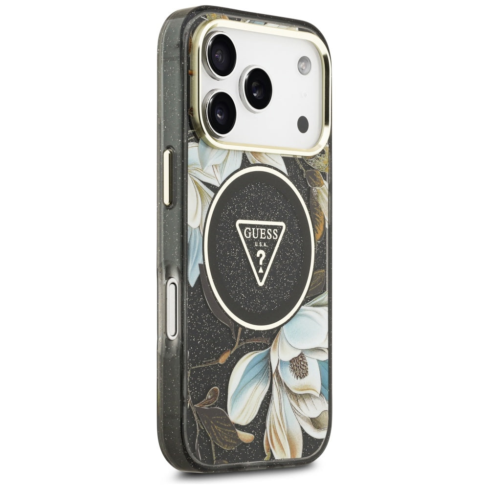 Futrola MagSafe za Apple iPhone 17 Pro, Guess, IML Metal Glitter Flowers Triangle, Crna