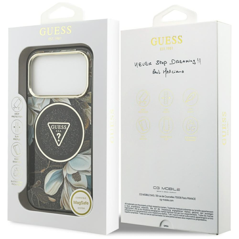 Futrola MagSafe za Apple iPhone 17 Pro, Guess, IML Metal Glitter Flowers Triangle, Crna
