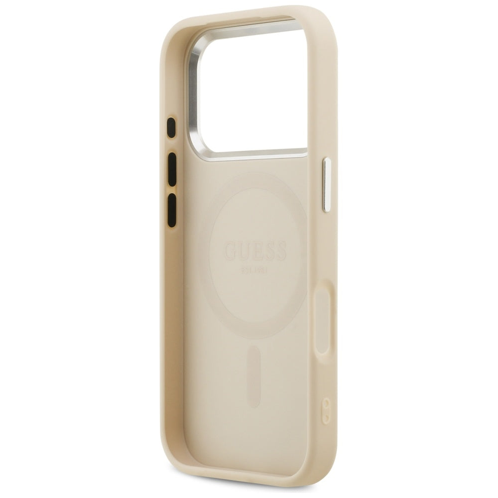 Husa MagSafe za Apple iPhone 17 Pro, Guess, Peony Hot Stamp Script, Bež