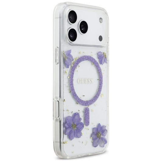 Husa MagSafe za Apple iPhone 17 Pro, Guess, Resin Flowers and Glitter, Ljubičasta