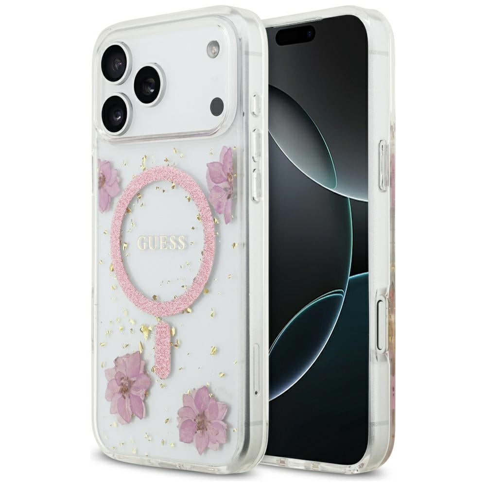 Futrola MagSafe za Apple iPhone 17 Pro, Guess, Resin Flowers and Glitter, Roze