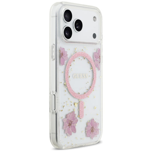 Futrola MagSafe za Apple iPhone 17 Pro, Guess, Resin Flowers and Glitter, Roze