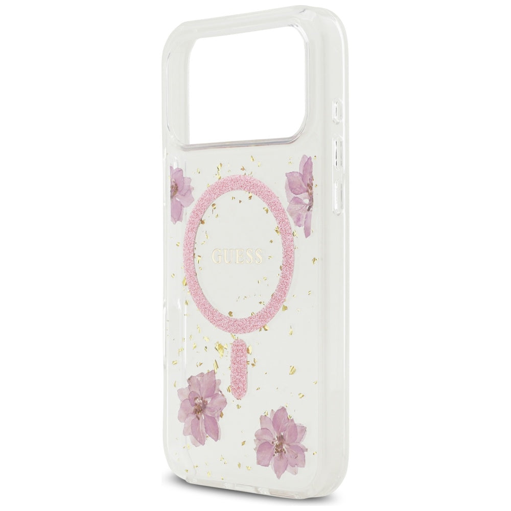 Futrola MagSafe za Apple iPhone 17 Pro, Guess, Resin Flowers and Glitter, Roze