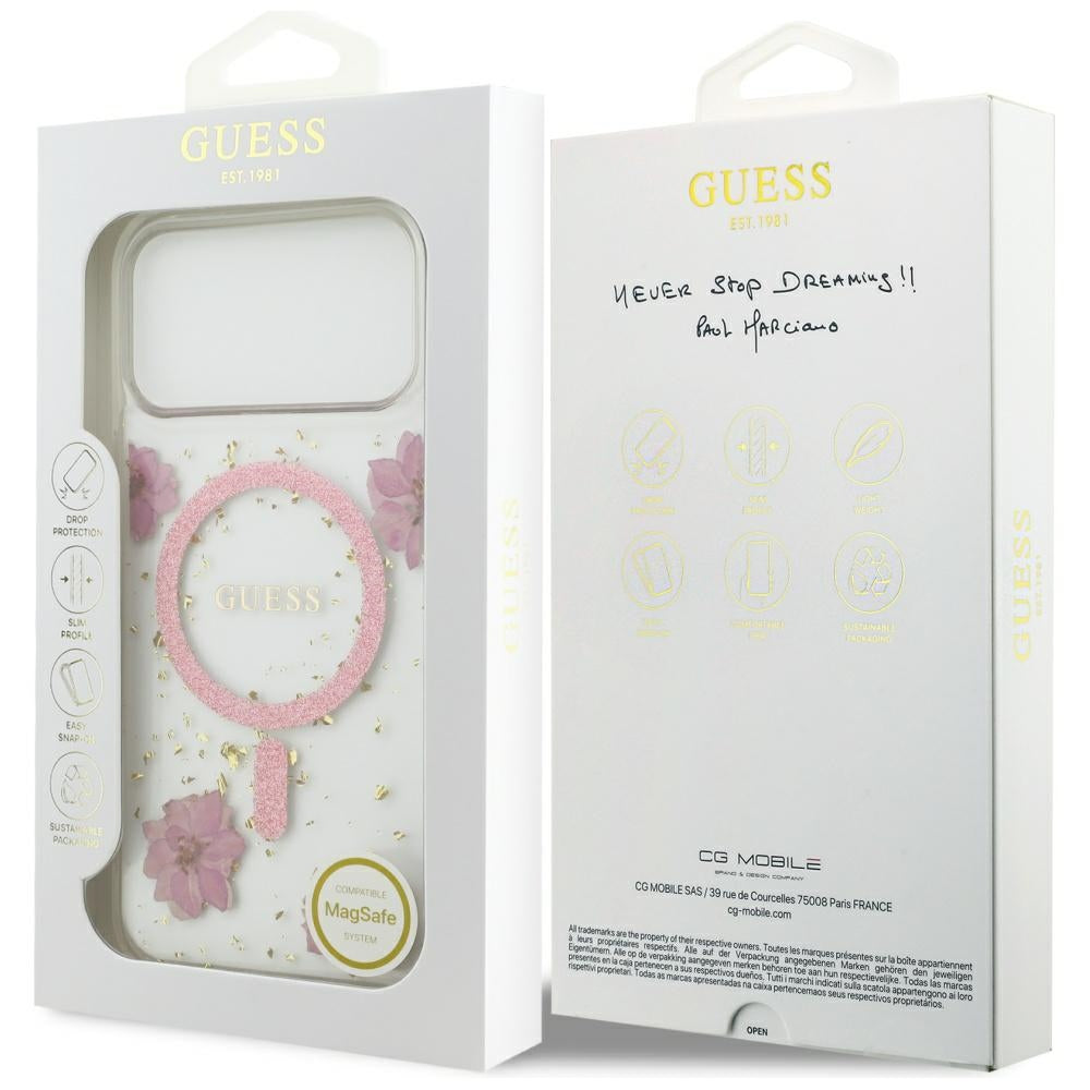 Futrola MagSafe za Apple iPhone 17 Pro, Guess, Resin Flowers and Glitter, Roze