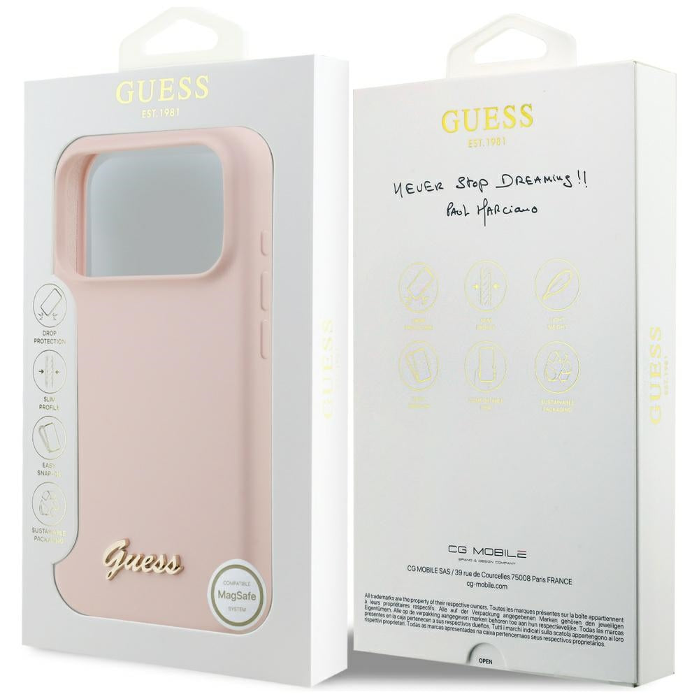 Futrola MagSafe za Apple iPhone 17 Pro, Guess, Script Metal Logo, Svetlo Roze