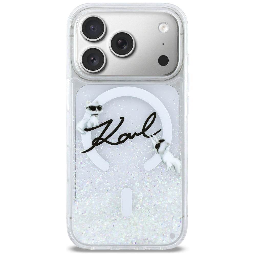 Husa MagSafe za Apple iPhone 17 Pro, Karl Lagerfeld, Glitter Karl Script Logo, Transparentna