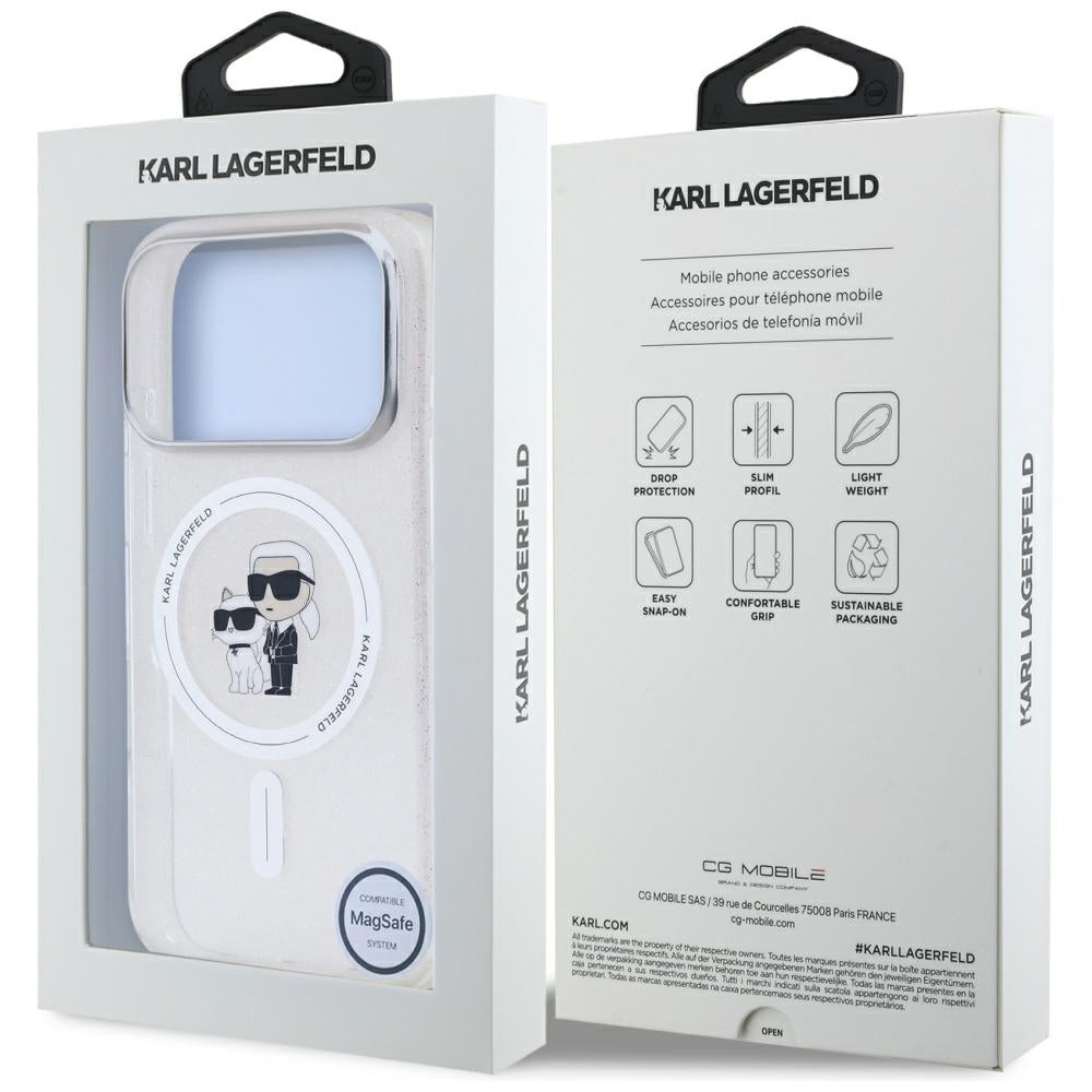 Husa MagSafe za Apple iPhone 17 Pro, Karl Lagerfeld, IML Glitter Karl & Choupette, Transparentna