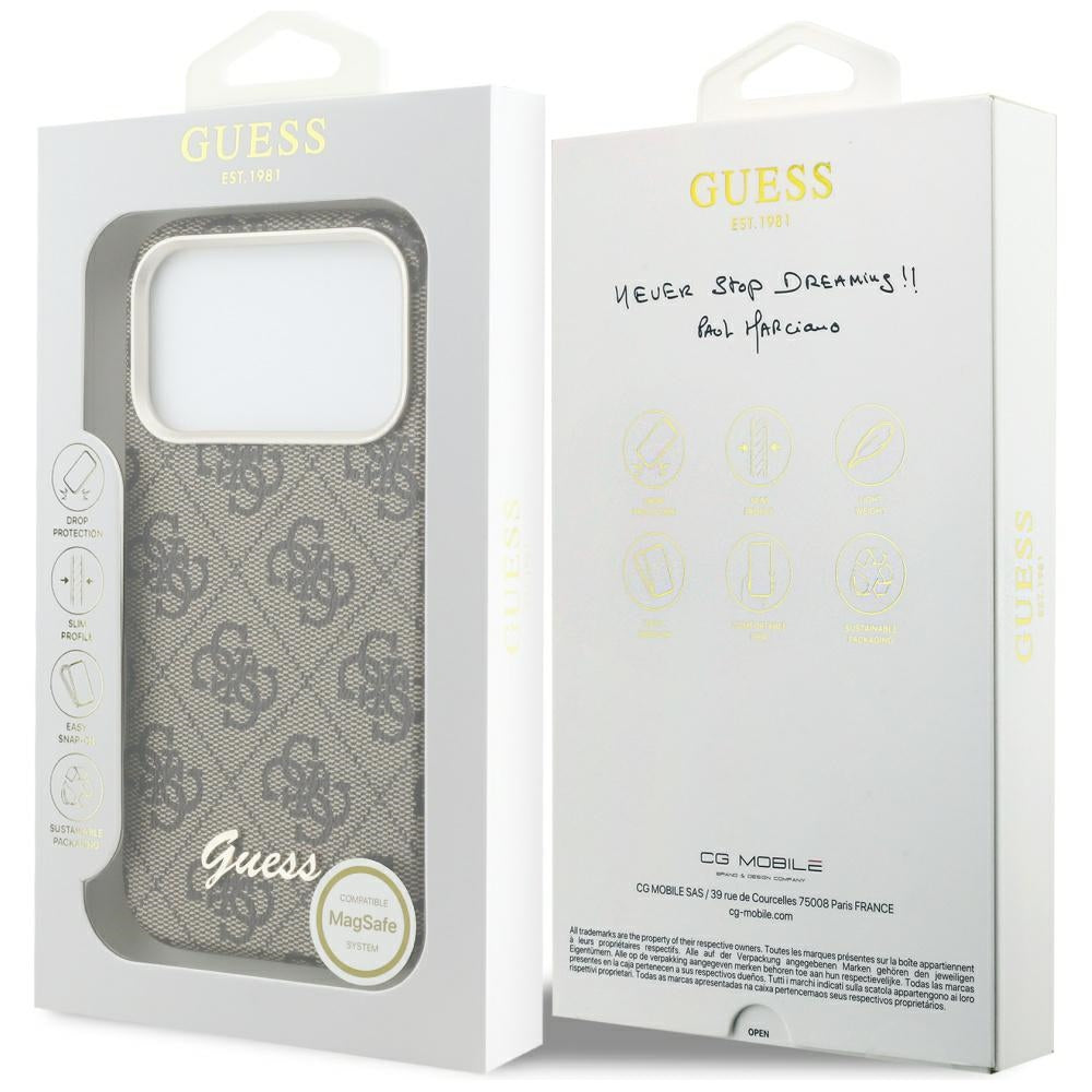 Futrola MagSafe za Apple iPhone 17 Pro Max, Guess, 4G Script Logo, Braon