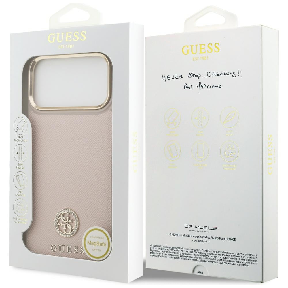 Husa MagSafe za Apple iPhone 17 Pro Max, Guess, Grained Strass Logo, Roze