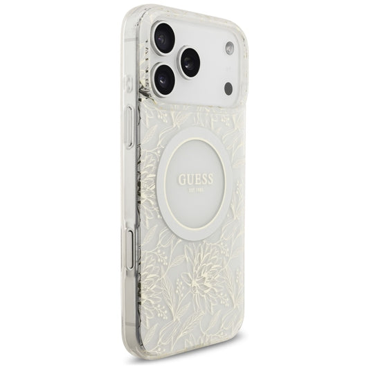 Husa MagSafe za Apple iPhone 17 Pro Max, Guess, IML Flowers Allover Electroplated with Pearl Strap, Bela