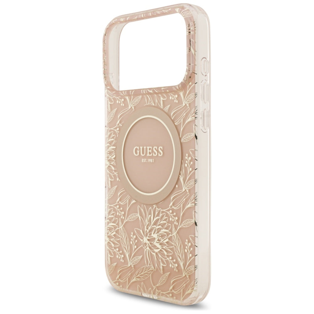Futrola MagSafe za Apple iPhone 17 Pro Max, Guess, IML Flowers Allover Electroplated with Pearl Strap, Roze