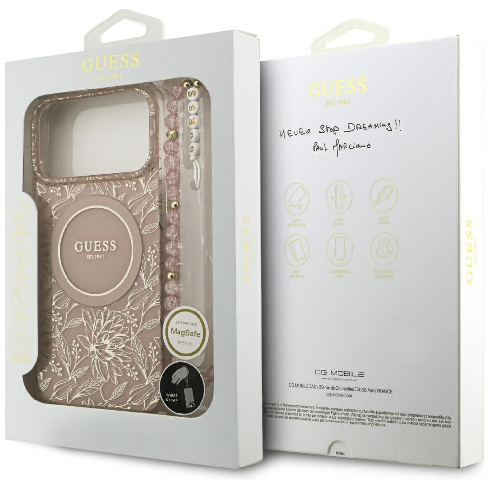 Futrola MagSafe za Apple iPhone 17 Pro Max, Guess, IML Flowers Allover Electroplated with Pearl Strap, Roze