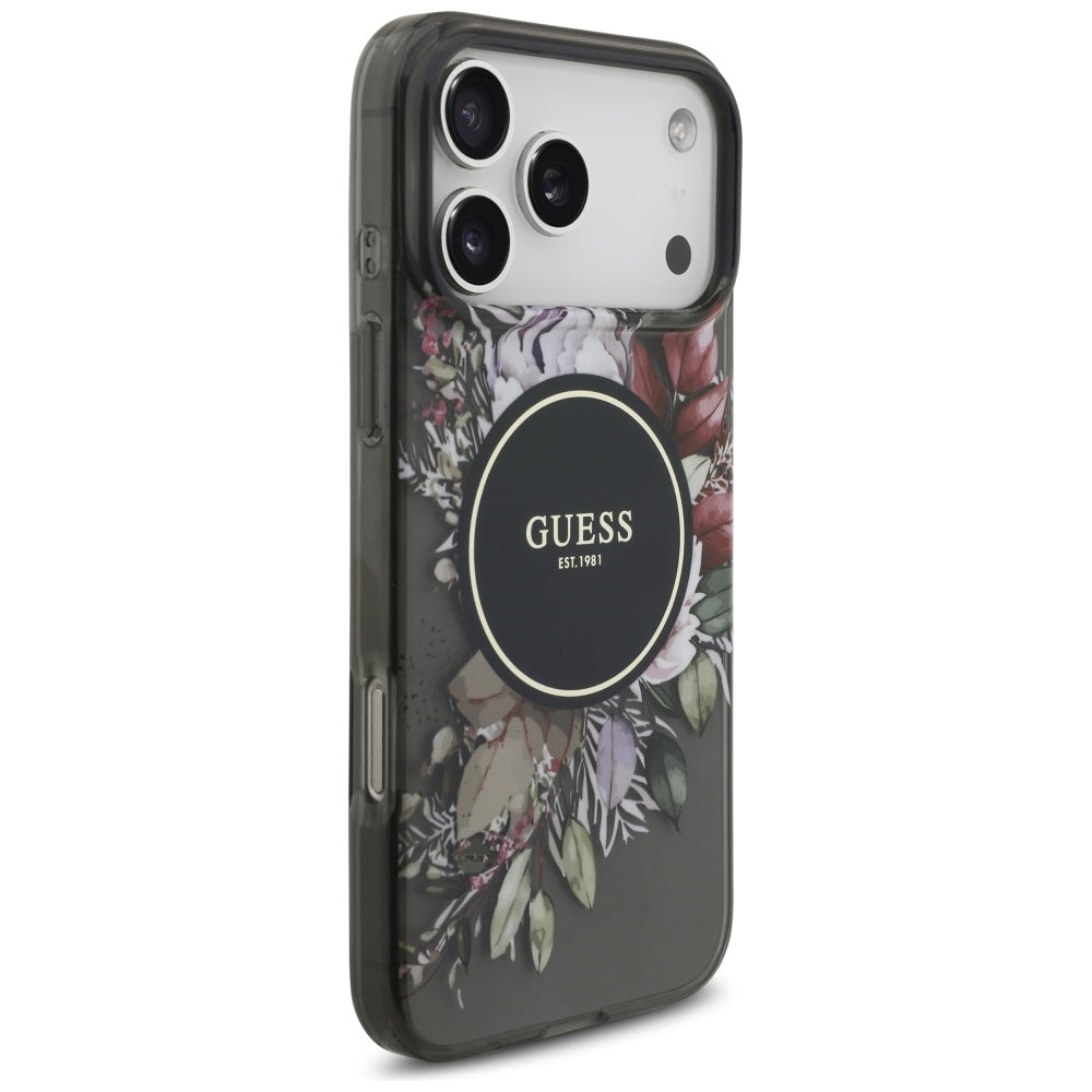 Husa MagSafe za Apple iPhone 17 Pro Max, Guess, IML Flowers with Pearl Strap, Crna