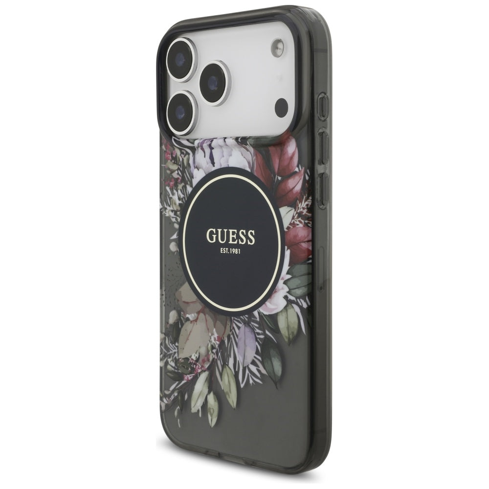 Husa MagSafe za Apple iPhone 17 Pro Max, Guess, IML Flowers with Pearl Strap, Crna