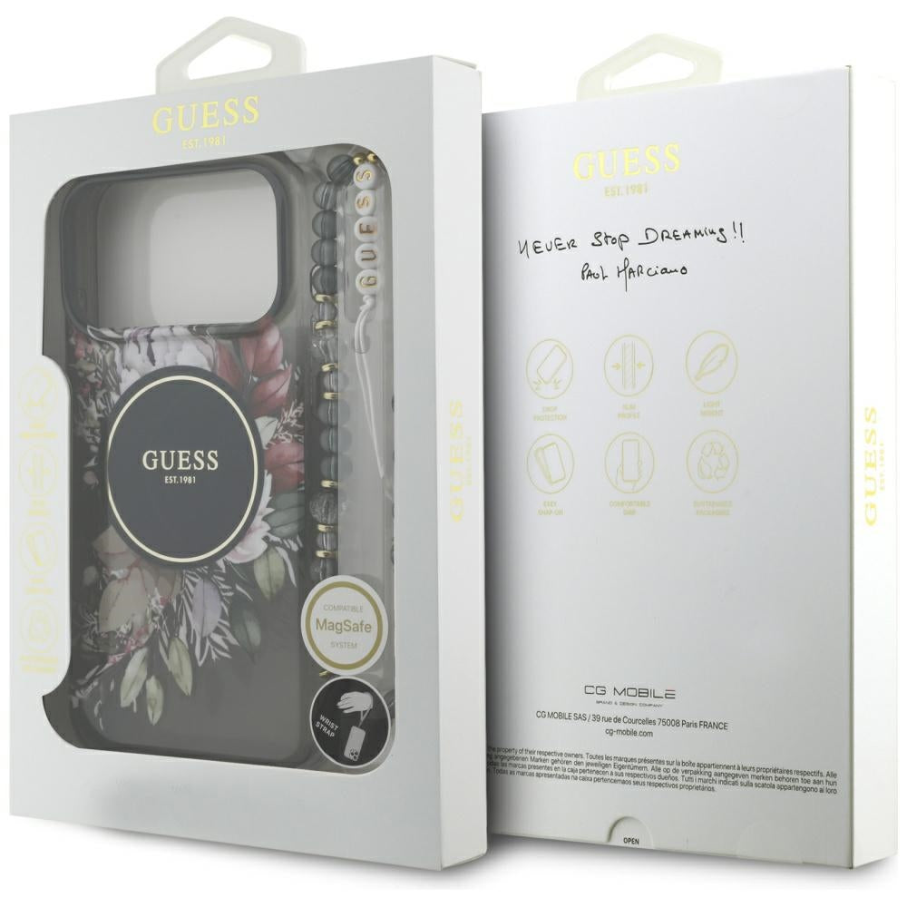 Husa MagSafe za Apple iPhone 17 Pro Max, Guess, IML Flowers with Pearl Strap, Crna