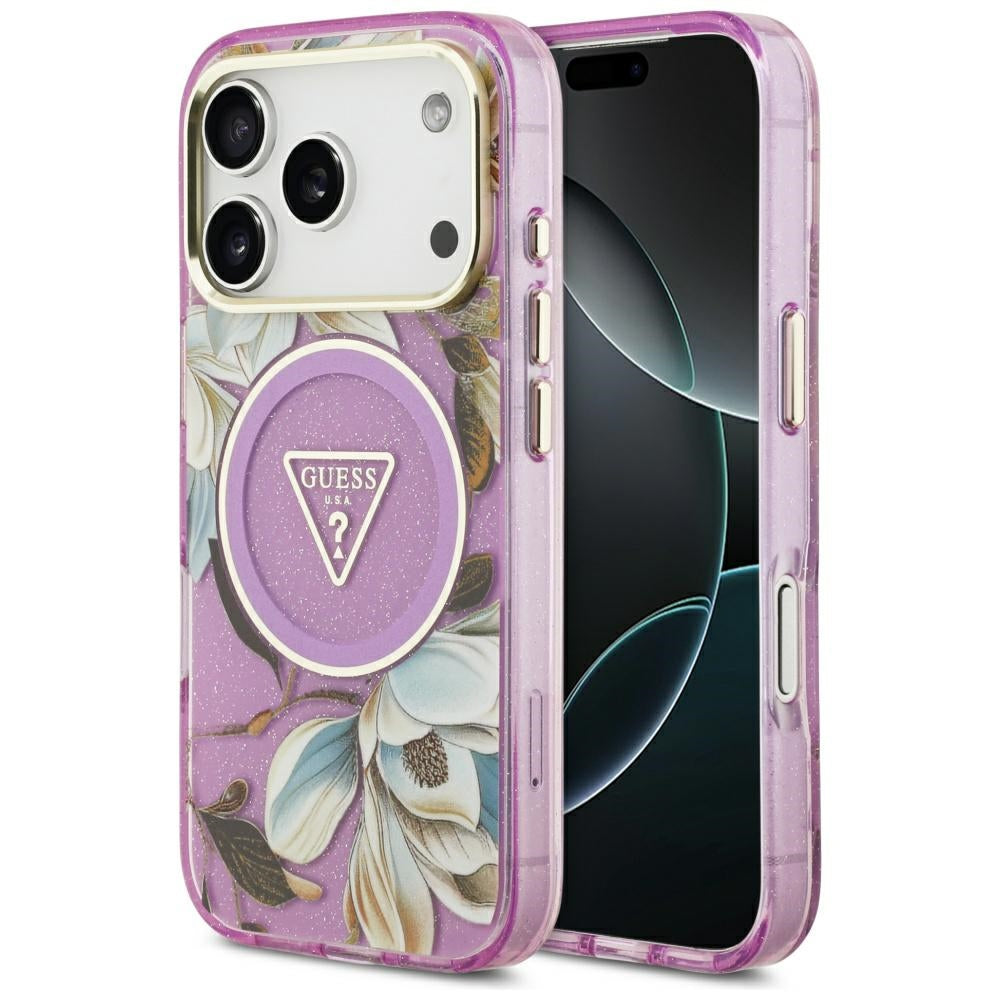 Futrola MagSafe za Apple iPhone 17 Pro Max, Guess, IML Metal Glitter Flowers Triangle, Ljubičasta