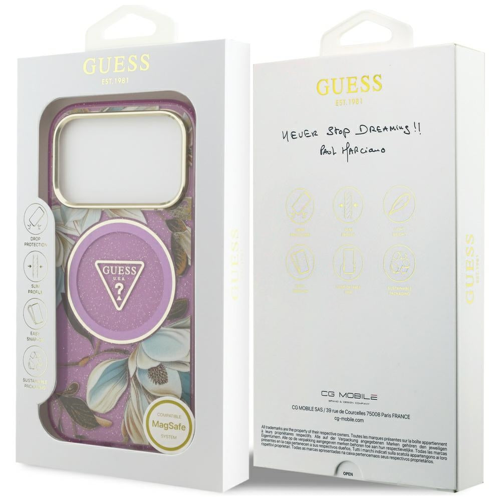 Futrola MagSafe za Apple iPhone 17 Pro Max, Guess, IML Metal Glitter Flowers Triangle, Ljubičasta