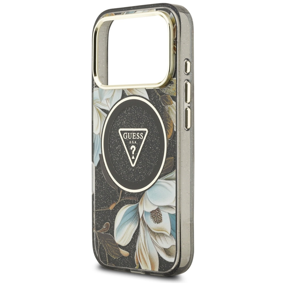 Futrola MagSafe za Apple iPhone 17 Pro Max, Guess, IML Metal Glitter Flowers Triangle, Crna