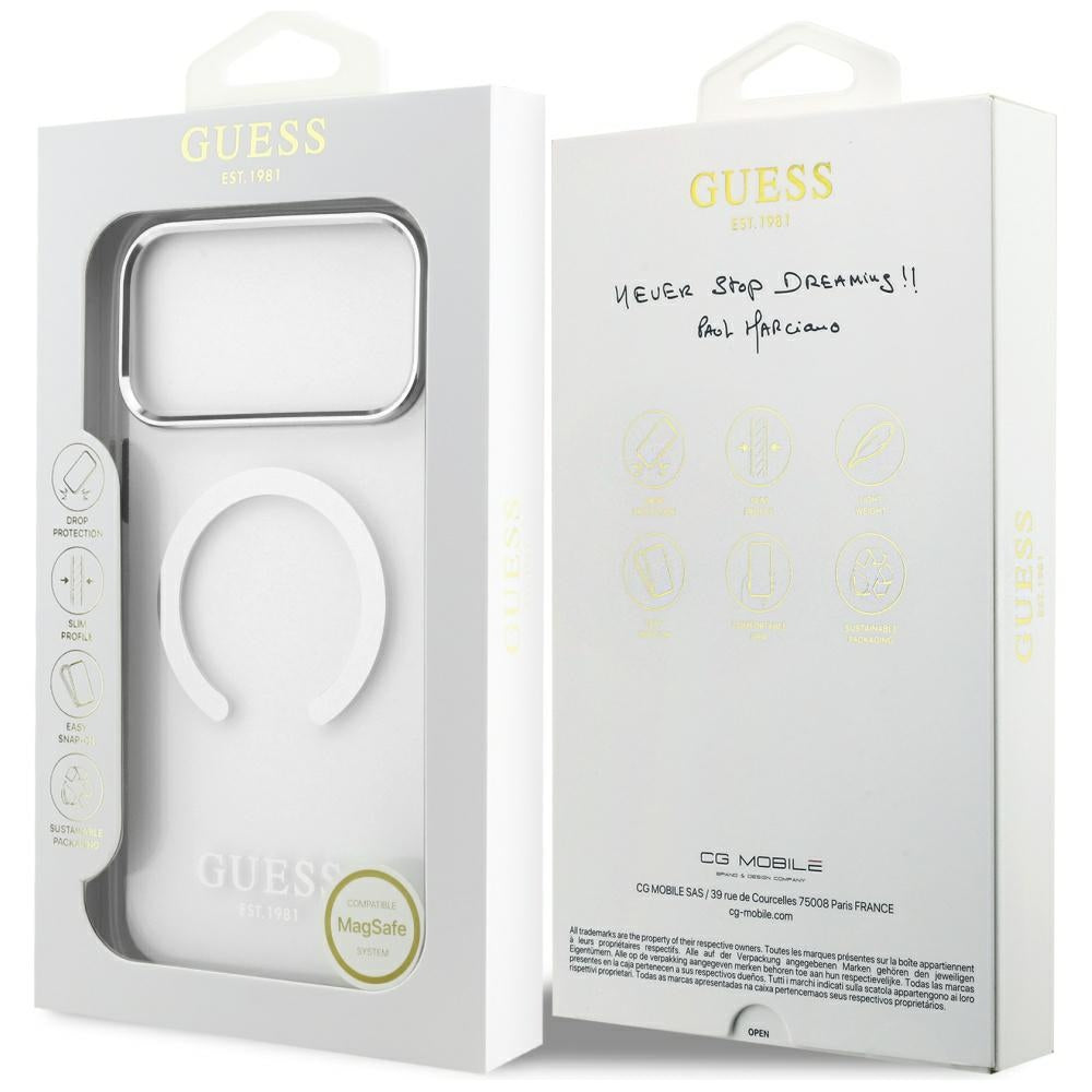 Futrola MagSafe za Apple iPhone 17 Pro Max, Guess, Metal Outline, Srebrna