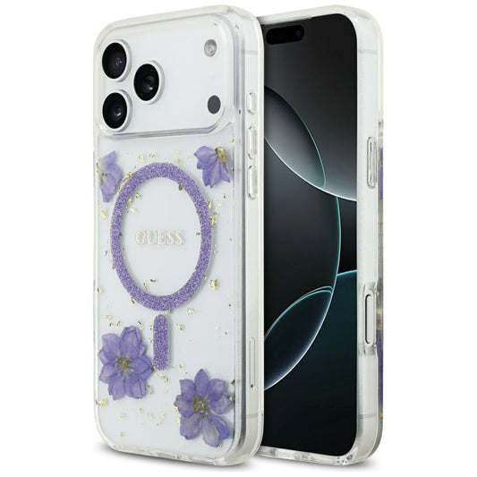 Futrola MagSafe za Apple iPhone 17 Pro Max, Guess, Resin Flowers and Glitter, Ljubičasta