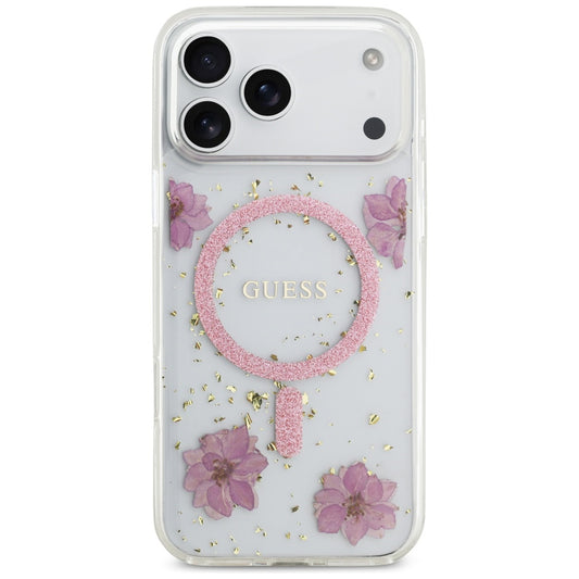 Futrola MagSafe za Apple iPhone 17 Pro Max, Guess, Resin Flowers and Glitter, Roze
