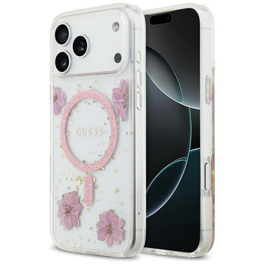 Futrola MagSafe za Apple iPhone 17 Pro Max, Guess, Resin Flowers and Glitter, Roze