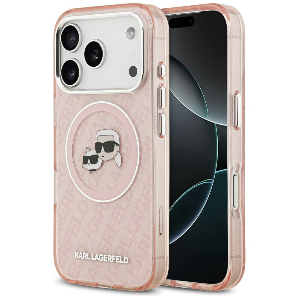 Futrola MagSafe za Apple iPhone 17 Pro Max, Karl Lagerfeld, Glitter Karl & Choupette Head, Roze