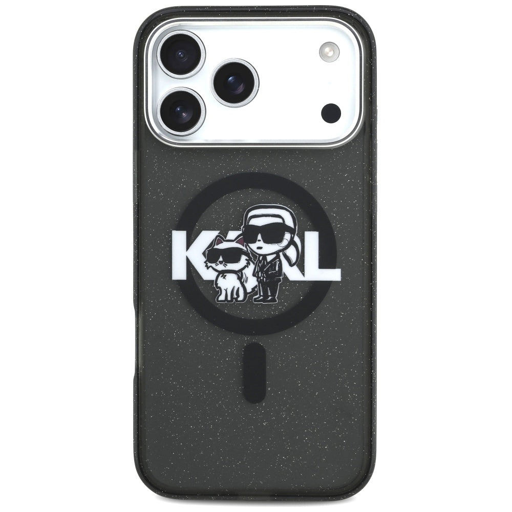 Husa MagSafe za Apple iPhone 17 Pro Max, Karl Lagerfeld, IML Sketch Logo Glitter Karl & Choupette, Crna