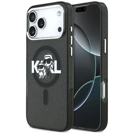Husa MagSafe za Apple iPhone 17 Pro Max, Karl Lagerfeld, IML Sketch Logo Glitter Karl & Choupette, Crna