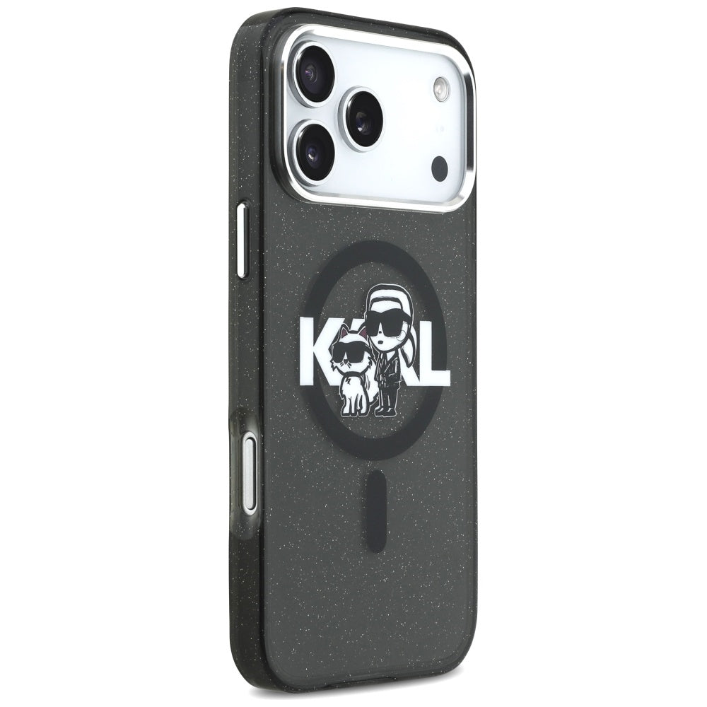 Husa MagSafe za Apple iPhone 17 Pro Max, Karl Lagerfeld, IML Sketch Logo Glitter Karl & Choupette, Crna