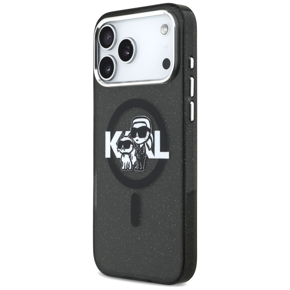 Husa MagSafe za Apple iPhone 17 Pro Max, Karl Lagerfeld, IML Sketch Logo Glitter Karl & Choupette, Crna